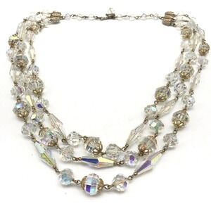 Vintage Clear Aurora Borealis AB Crystal Triple Strand Necklace STUNNING!